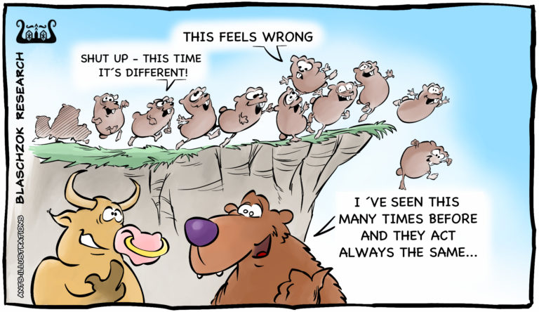   Cartoon der Woche: Man sollte am Rohstoffmarkt nie, wie die Lemminge, der Masse der Investoren blind folgen 