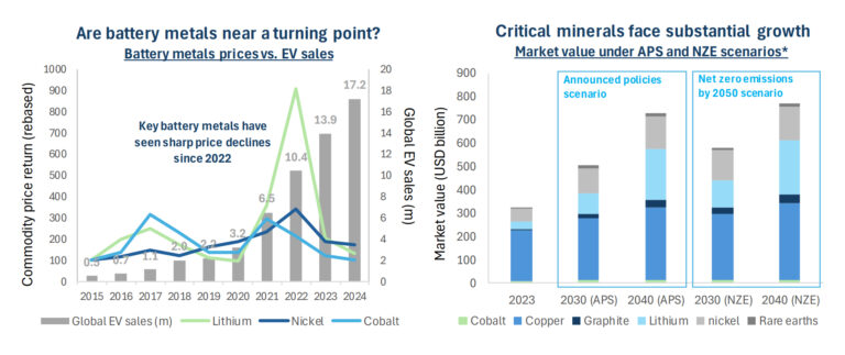 Quellen: Economist, Bloomberg, BNEF, Baker Steel Capital Managers LLP, IEA. *Announced Pledges Szenario (APS) und Net Zero Emissions by 2050 Szenario (NZE).